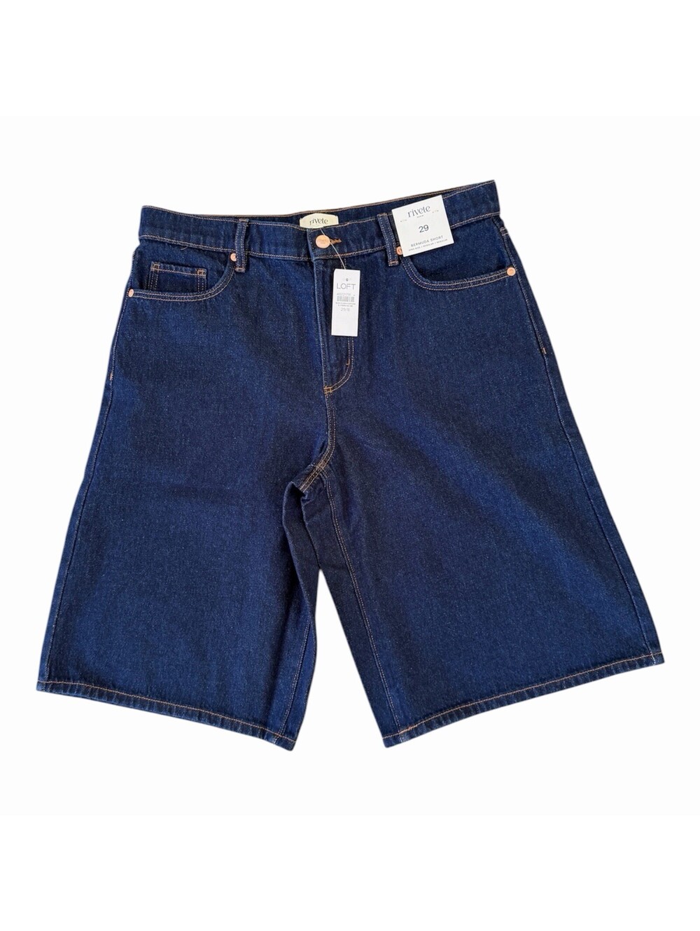 LOFT Rivete High Rise Denim Bermuda Shorts Dark Rinse Sz 29/6 NWT 100% Cotton